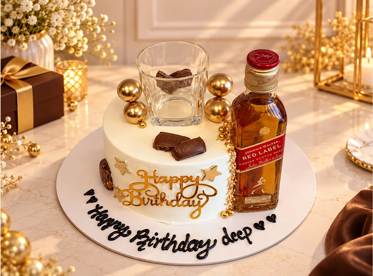 Whisky Theme Birthday Cake With Glass