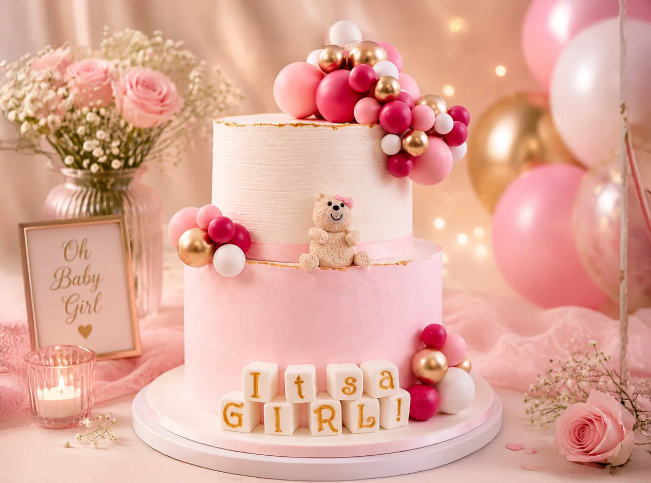 Pink Teddy Bear Baby Shower 2-Tier Cake