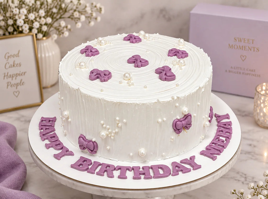 Purple Bow Pearl White Birthday Cake