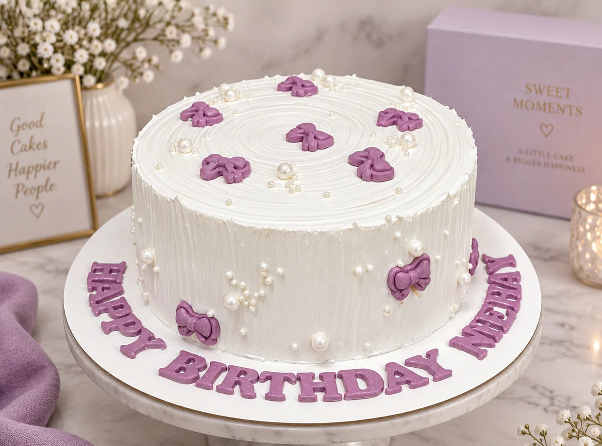 Purple Bow Pearl White Birthday Cake