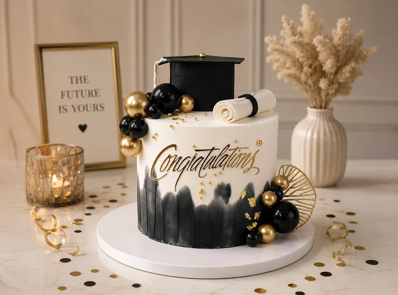 Black & Gold Congratulations Graduation Cake