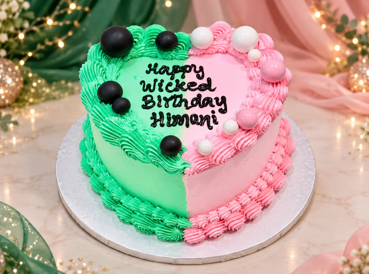Wicked-themed split heart cake