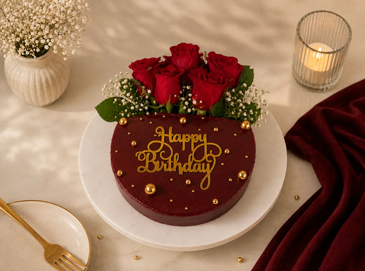 Dark Red Flower Bouquet Cake