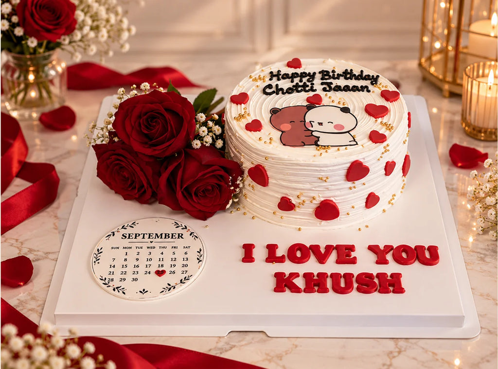 Romantic Bear Couple Cake With Flower