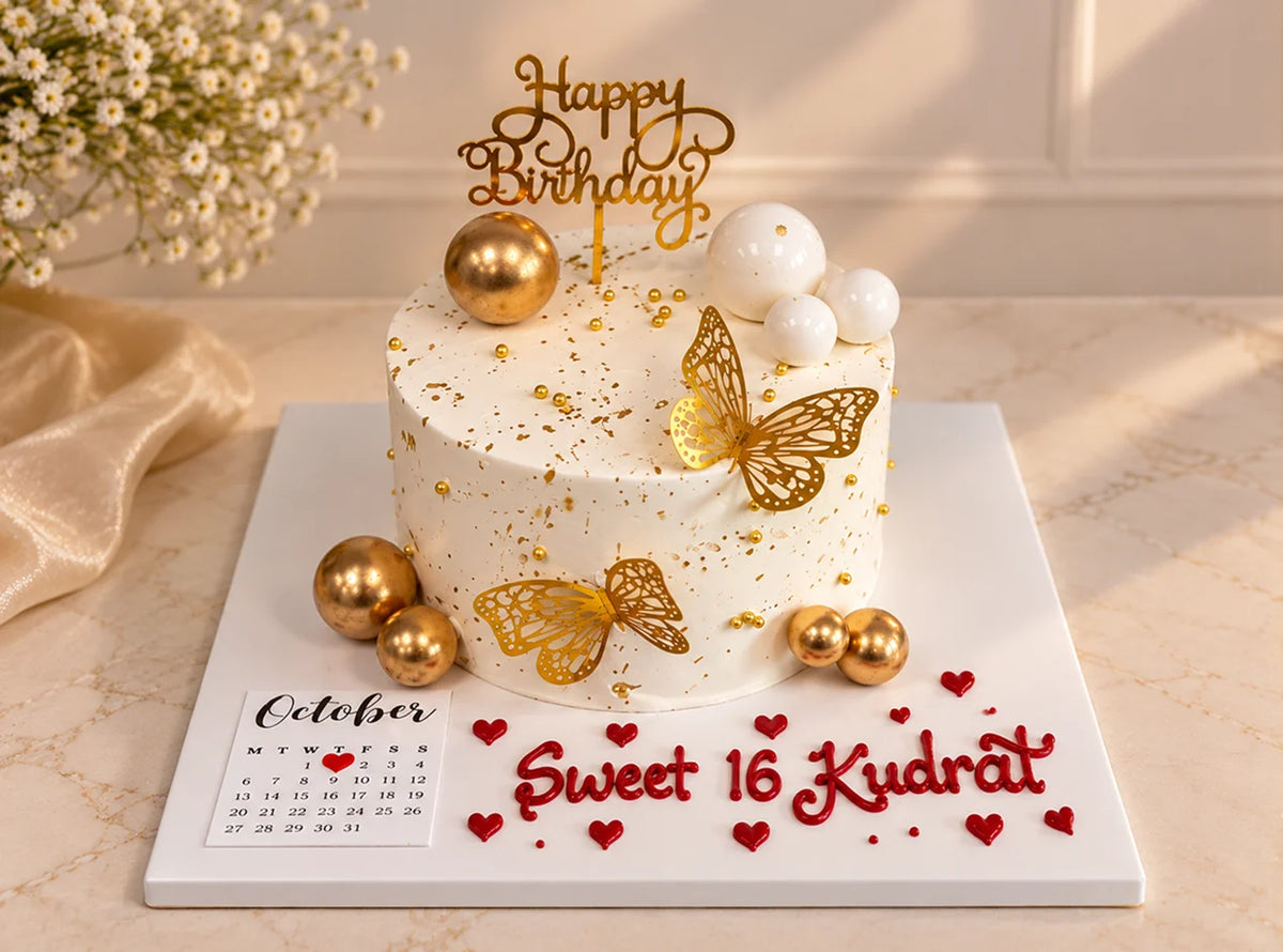 White And Gold Butterfly Cake