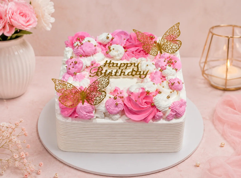 Pink Floral Square Cake