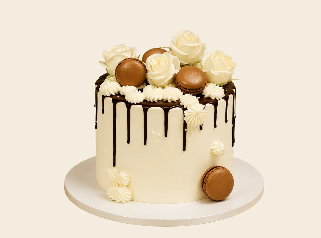 Chocolate Drip Rose & Macaron Cake