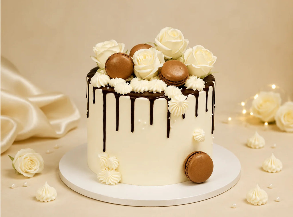 Chocolate Drip Rose & Macaron Cake