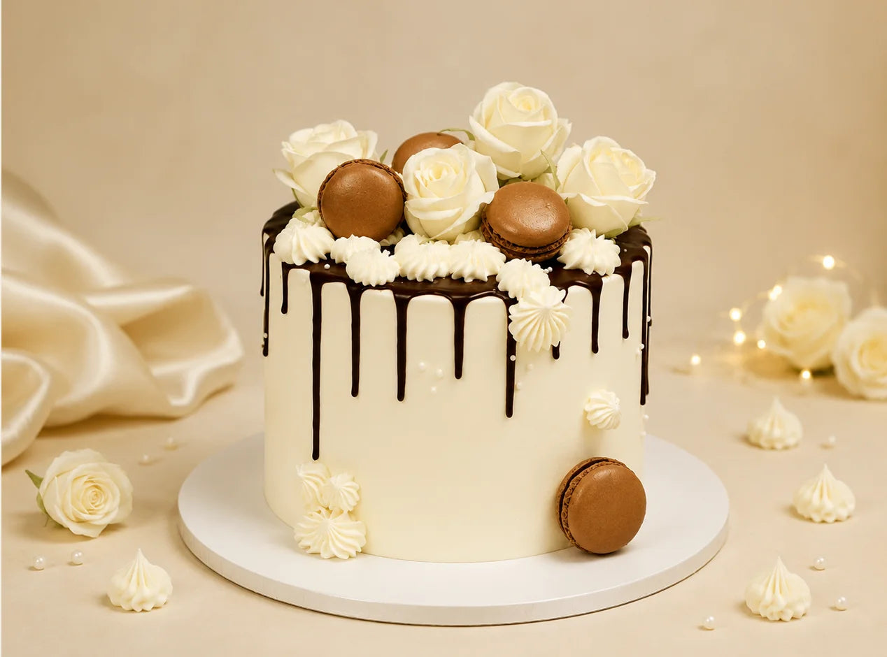 Chocolate Drip Rose & Macaron Cake