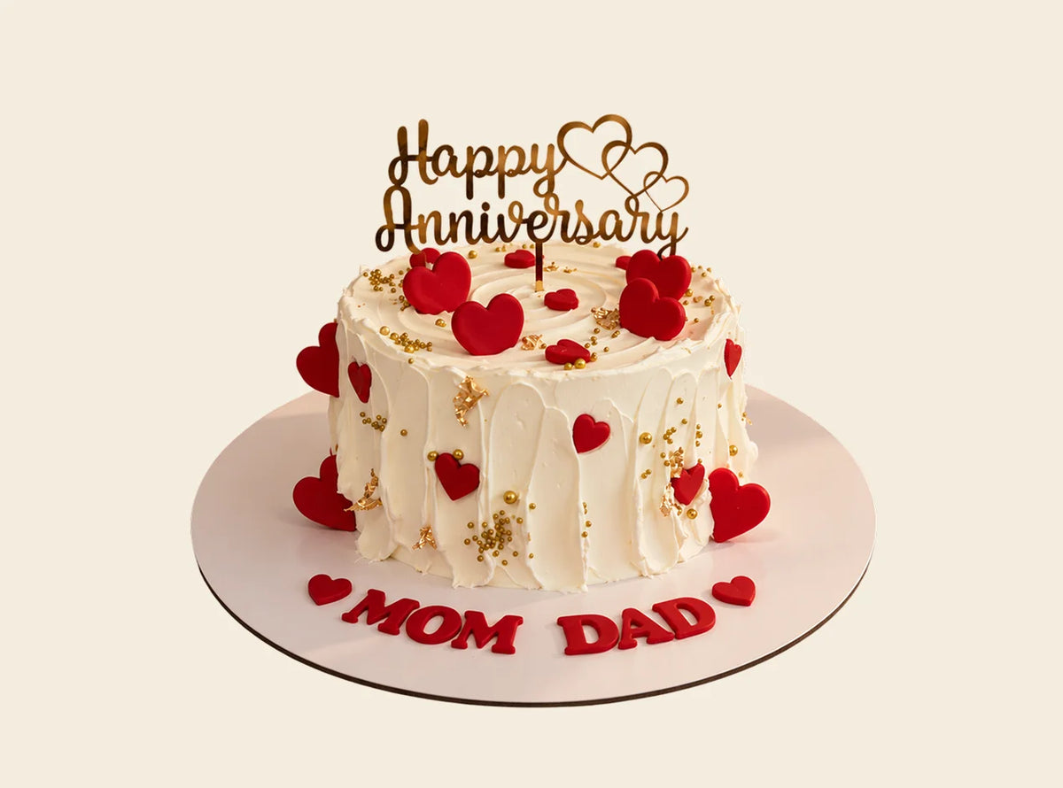 White Anniversary Cake With Red Hearts