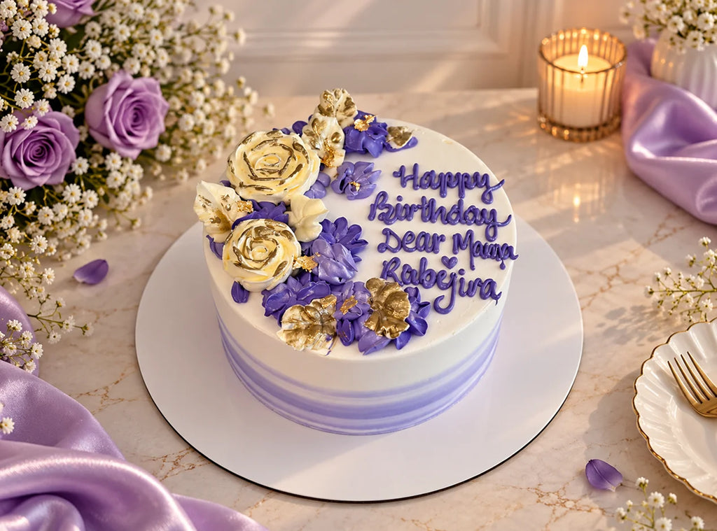 Purple And Gold Floral Birthday Cake