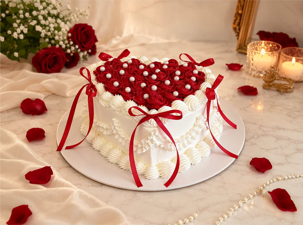 Red Rosette Heart Cake With Pearls