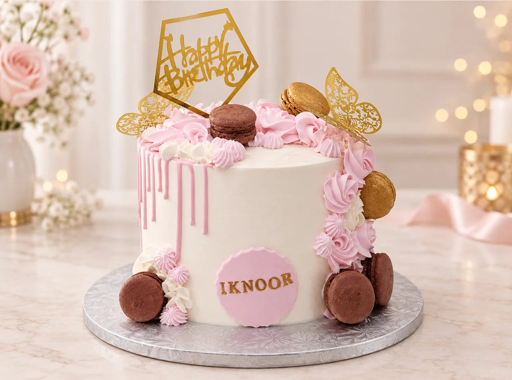 Pink Macaron Drip Birthday Cake