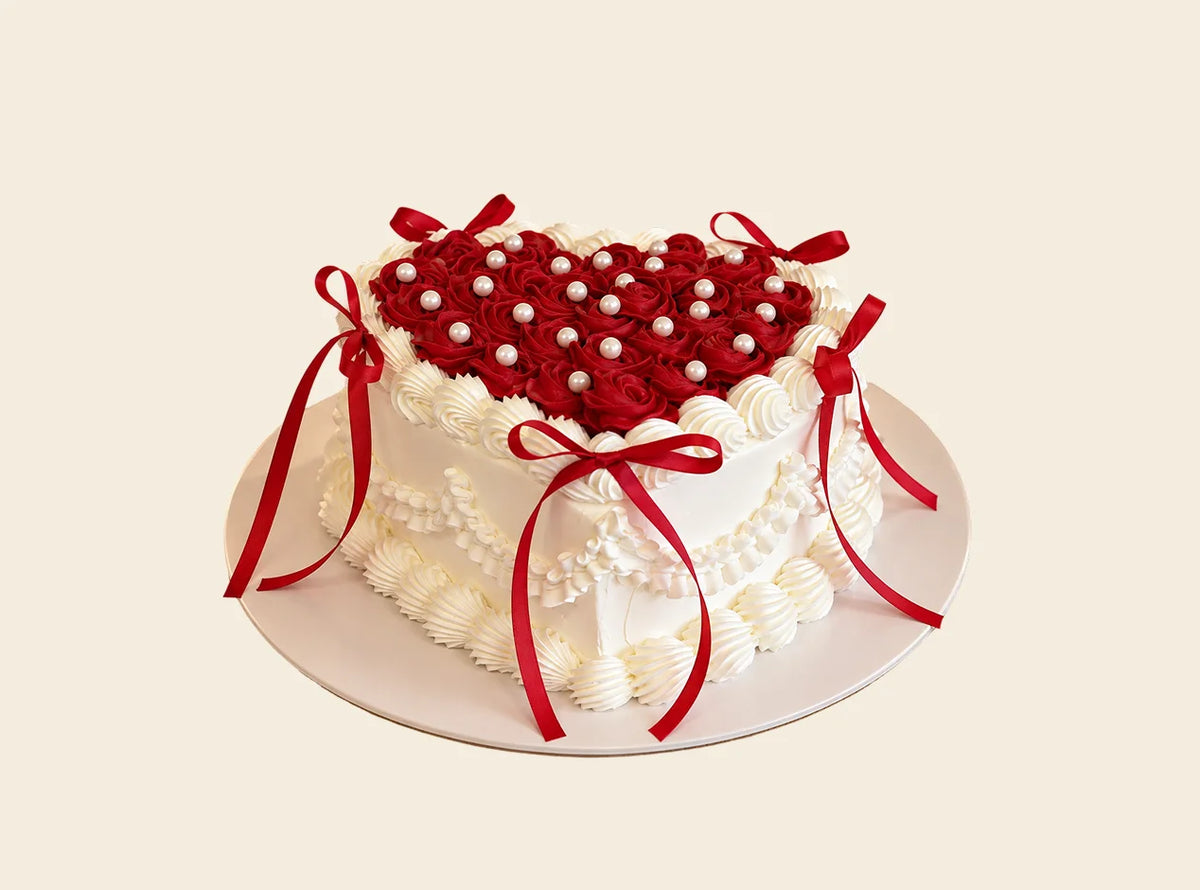 Red Rosette Heart Cake With Pearls